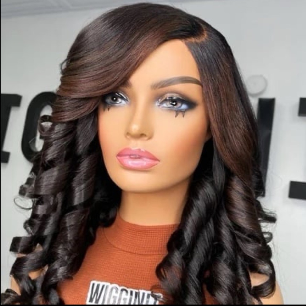 Human Hair Highlighted Curved Part Wig